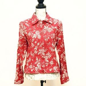 Coldwater Creek Coat Jacket Womens Sz S Linen Red White Button Down Floral